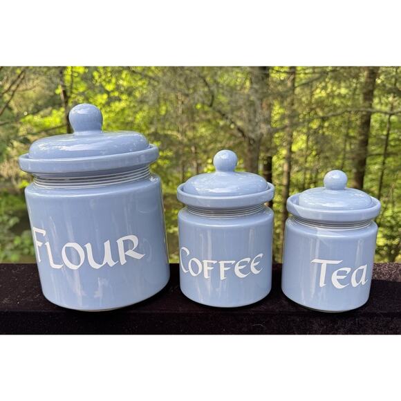 Vintage 1980’s Ceramic Canisters Robins Egg Blue & White Flour Coffee Tea - Picture 1 of 12